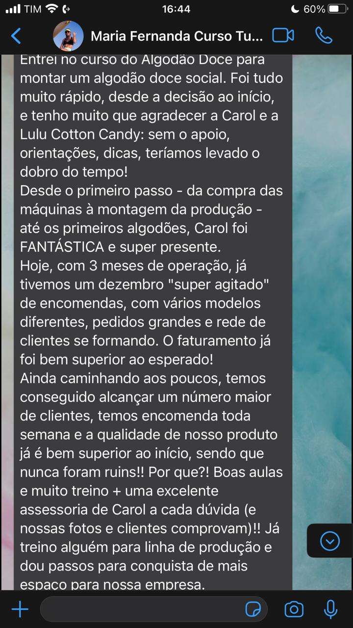 Curso Desvendando os Segredos do Algodão Doce depoimento