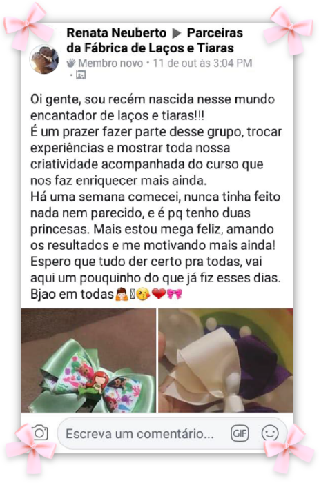 Curso Fábrica de Laços e Tiaras depoimento