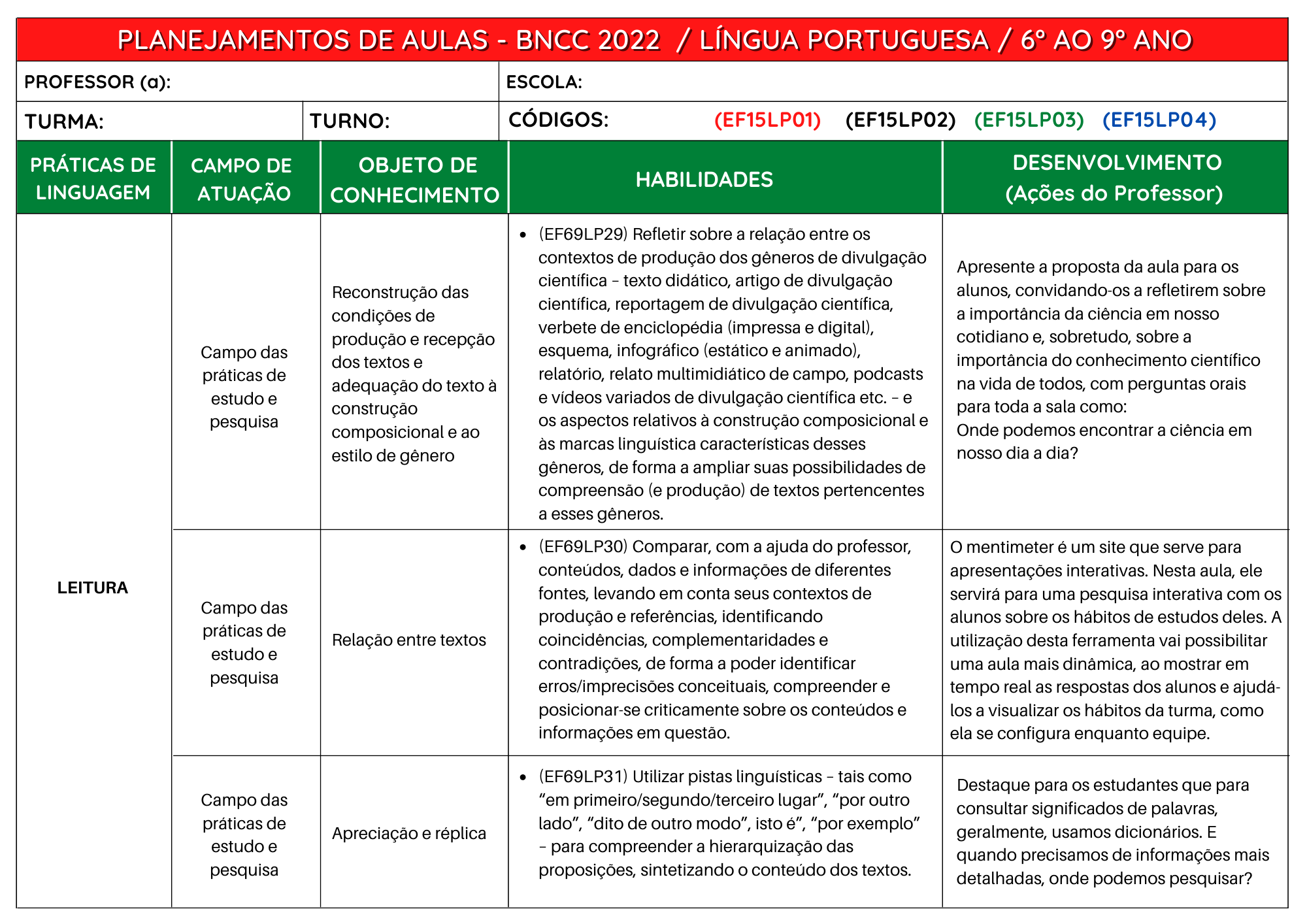 Planejamentos de Aulas de Língua Portuguesa do 6º ao 9º ano BNCC é boa