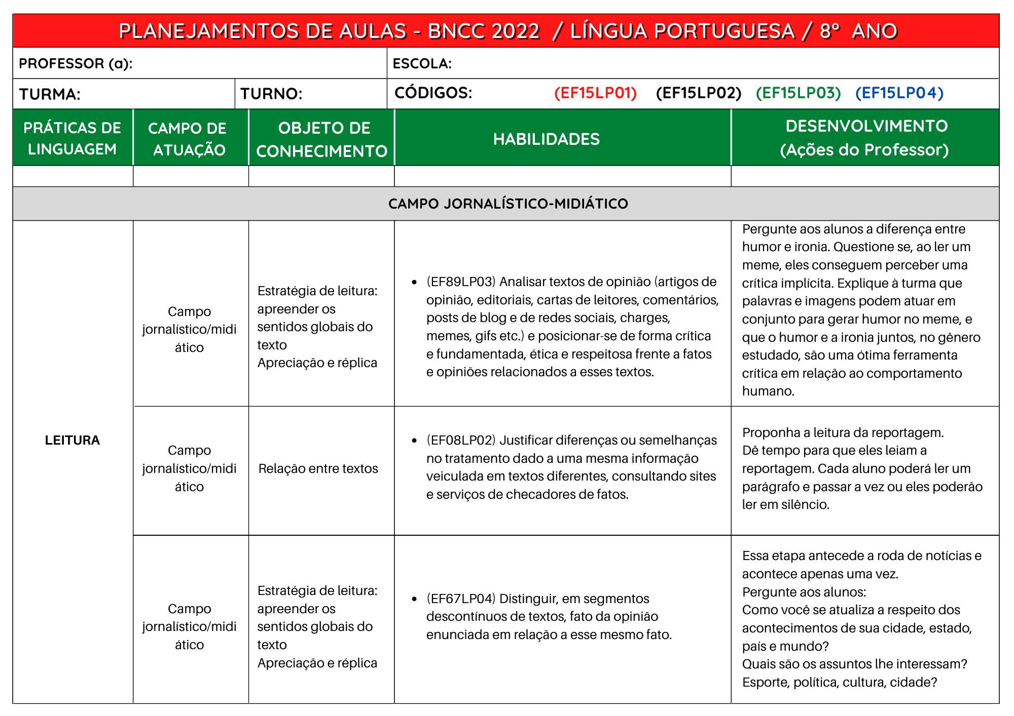 Planejamentos de Aulas de Língua Portuguesa do 6º ao 9º ano BNCC e boa confiavel