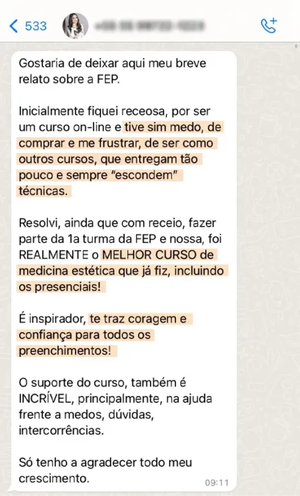 Formação Especialista em Preenchimento depoimento